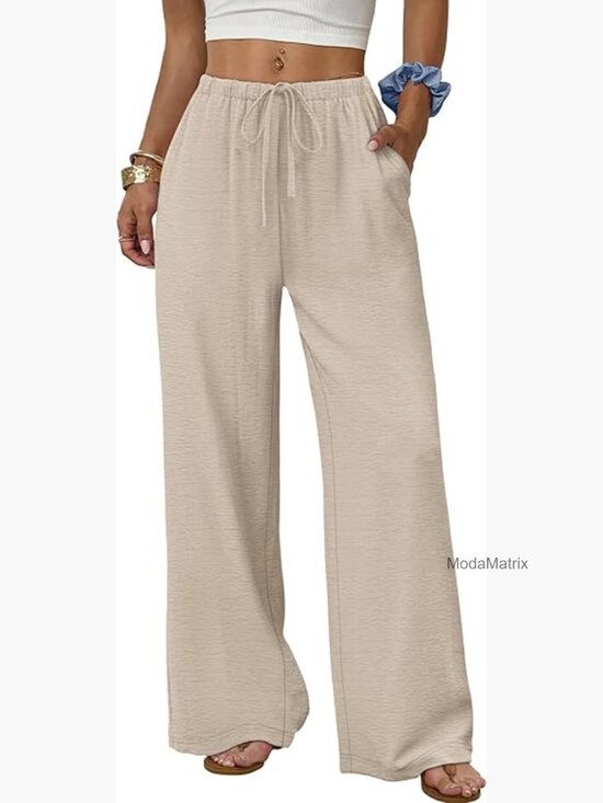 Pants - Wide Leg Palazzo Pants Drawstring Elastic Waist with Pockets Flowy Summer